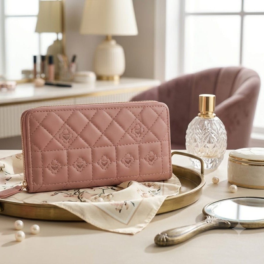 Luxury Peachy Nude Quilted Zip Around Wallet for Women - PU Leather Long Wallet with Multiple Card Slots